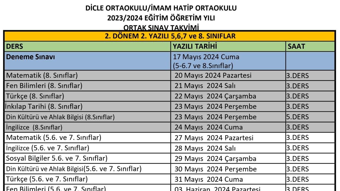 2023/2024 Eğitim Öğretim Yılı 2. Dönem 2. Yazılı Takvimi